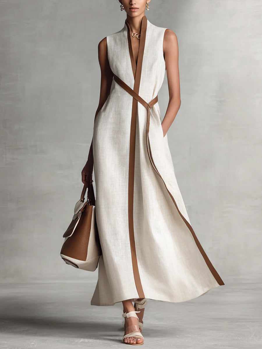Women's Sleeveless Linen Maxi Dress Wrap Waist Autumn Outfit
