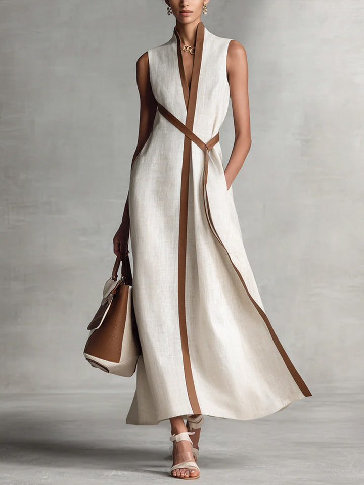 Women's Sleeveless Linen Maxi Dress Wrap Waist Autumn Outfit