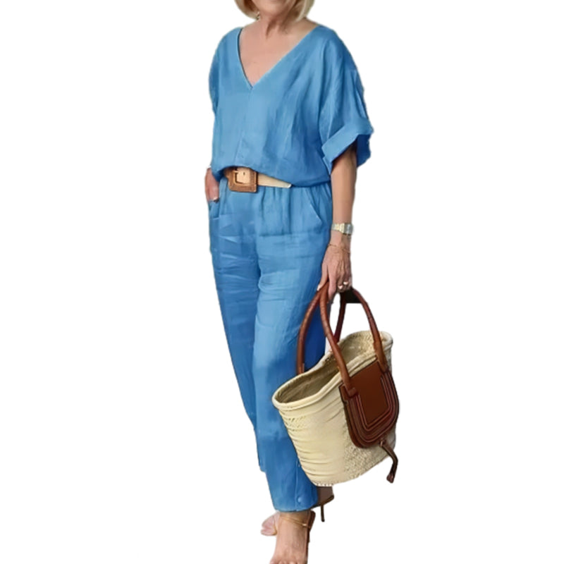 Women's Two Piece Set Spring Linen Look V-Neck Top and Straight Leg Pants Casual Outfit