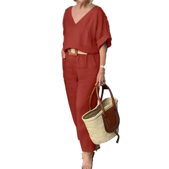 Women's Two Piece Set Spring Linen Look V-Neck Top and Straight Leg Pants Casual Outfit