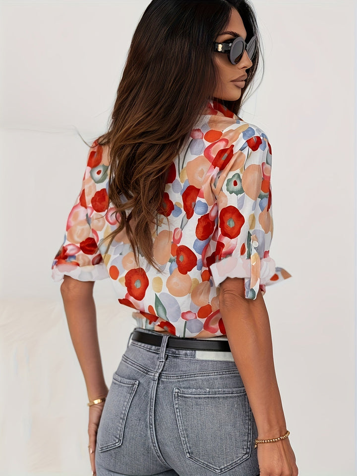 Ira - Elegant Red Floral Blouse for Spring for Women