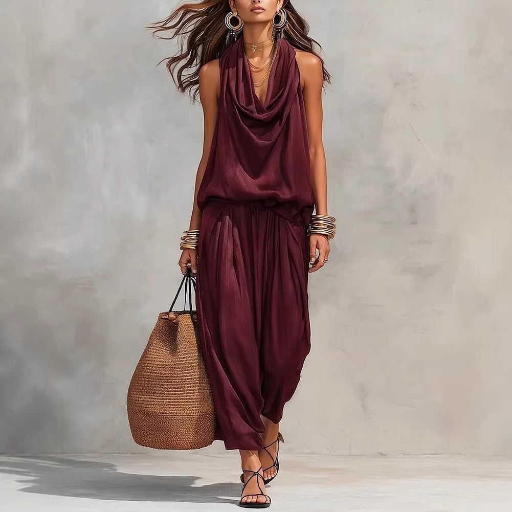 Women's Draped Top and Wide-Leg Pants Two-Piece Set Autumn Outfit