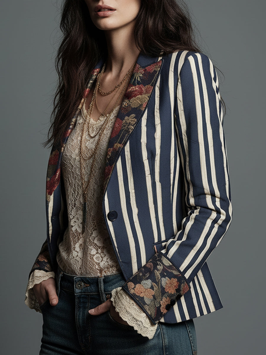 Women's Wool Blend Floral Blazer Autumn Boho Jacket