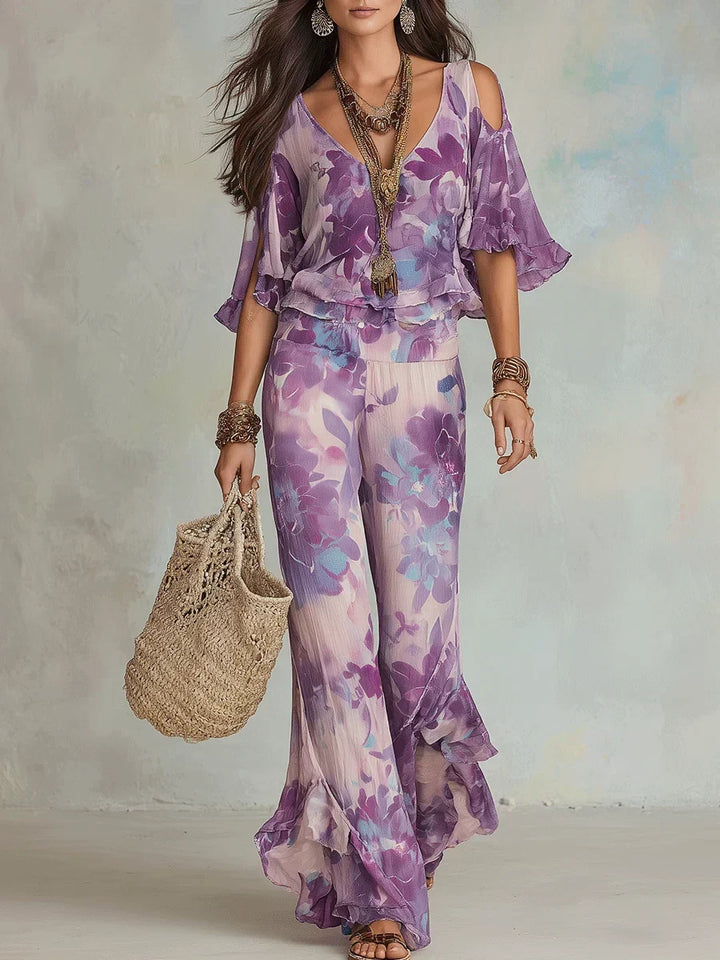 Women's Cotton Two-Piece Set Autumn Floral Top Flared Pants Set