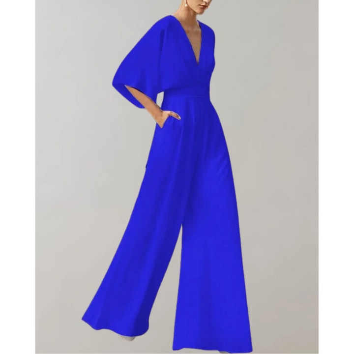Women's Elegant Wide-Leg Jumpsuit with V-Neck and Loose Sleeves for Autumn