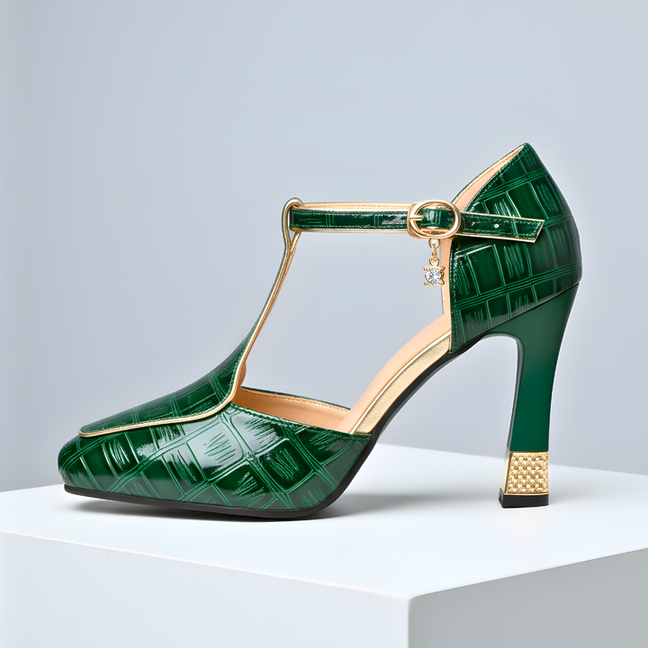 Women's Leather T-Strap Block Heels Autumn Party Shoes