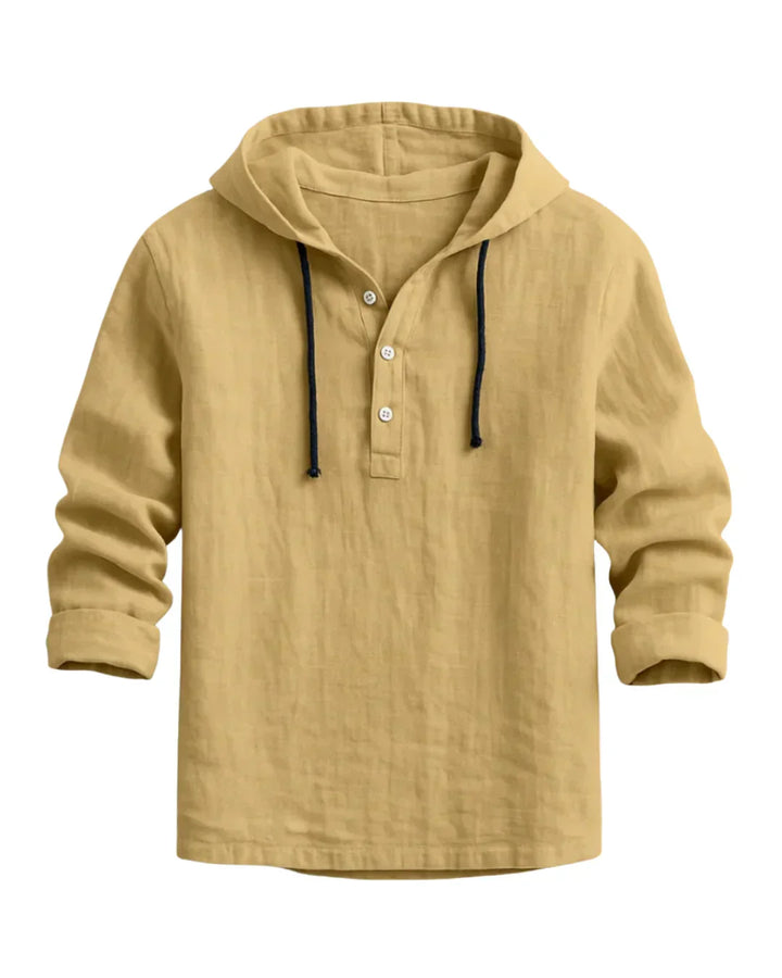 Men's Cotton Linen Hooded Shirt Spring Long Sleeve Henley Hoodie Shirt Casual Beach Top