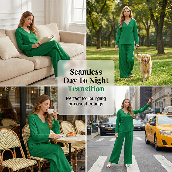 Women's V-Neck Two-Piece Set Autumn Wide-Leg Trousers Set
