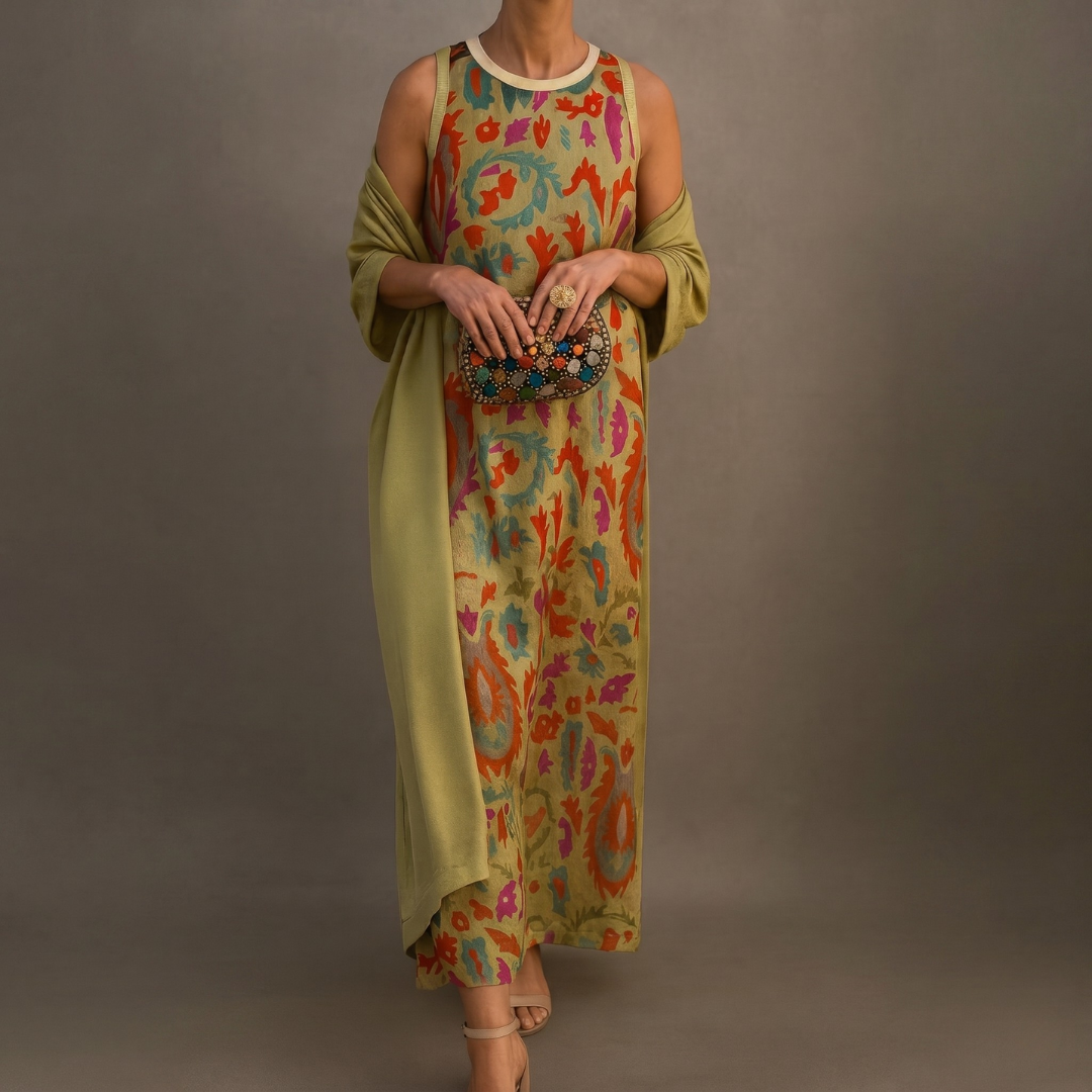 Women's Printed Maxi Dress and Vest Set Autumn Outfit