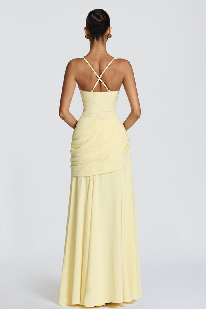 Maxi Dress for Women Fall Evening Dress with Square Neck Draped Waist and Crossed Back