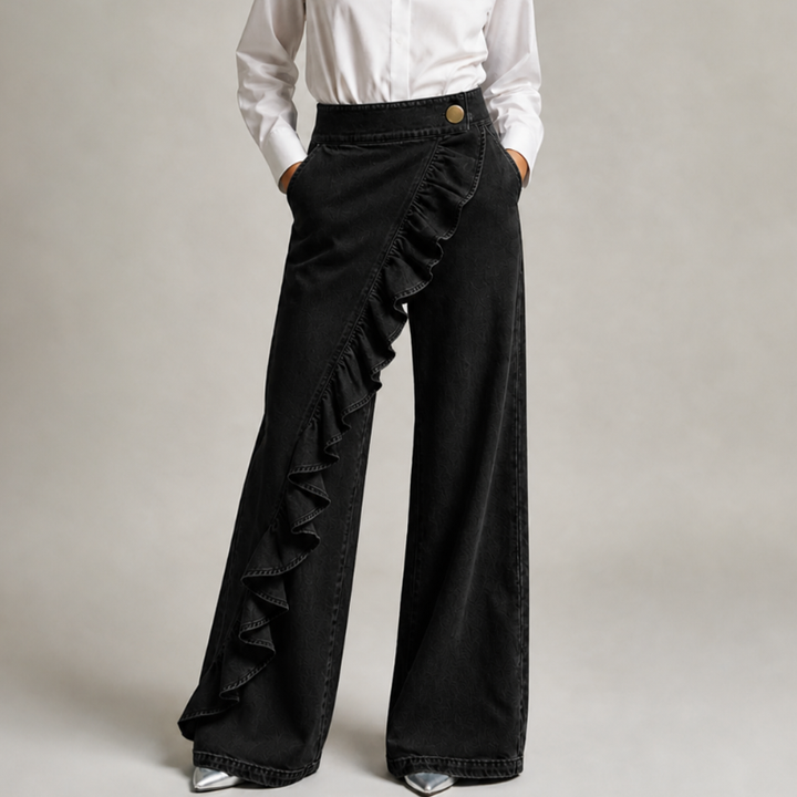 Women's Denim Ruffled Wide-Leg Jeans Autumn High-Waisted Trousers