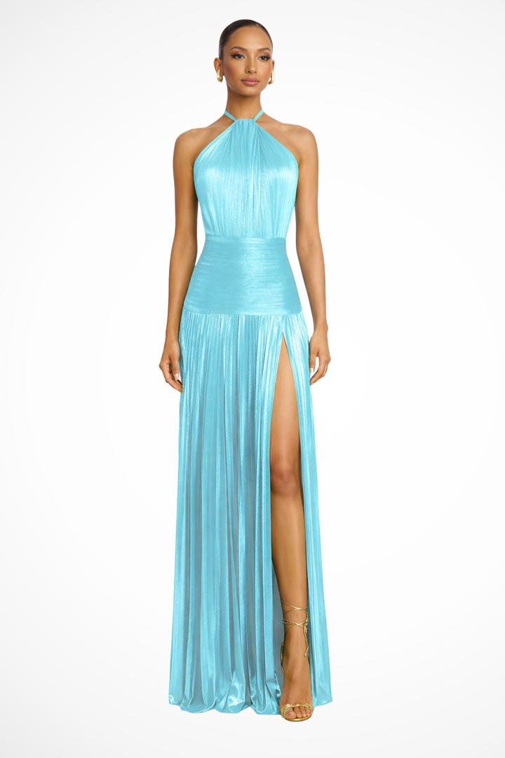 Women's Satin Pleated Maxi Dress with Halter Neck Formal Evening Autumn