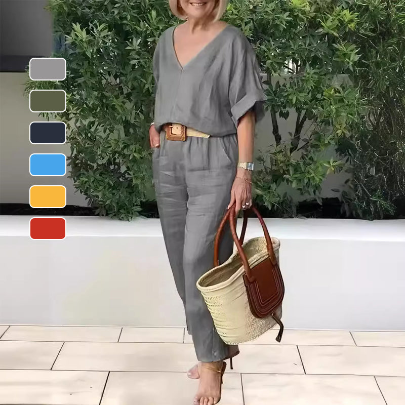 Women's Two Piece Set Spring Linen Look V-Neck Top and Straight Leg Pants Casual Outfit