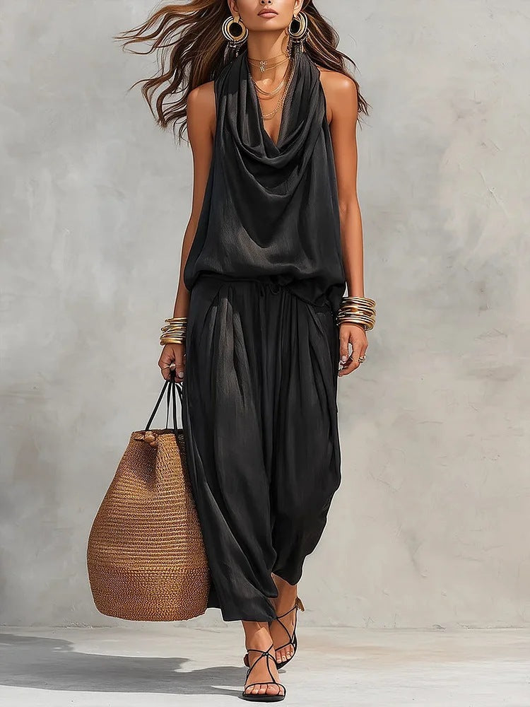 Women's Draped Top and Wide-Leg Pants Two-Piece Set Autumn Outfit