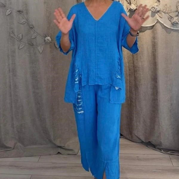 Women's V-Neck Two-Piece Set Autumn Flowy Casual Loungewear Set