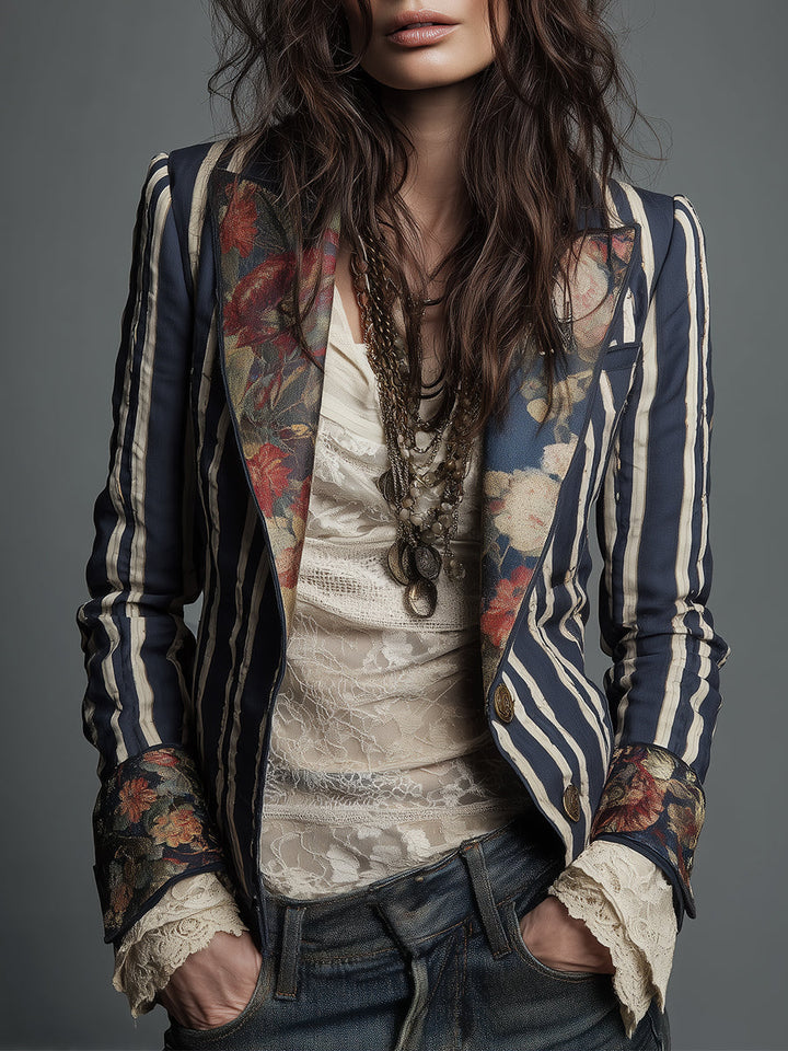 Women's Wool Blend Floral Blazer Autumn Boho Jacket