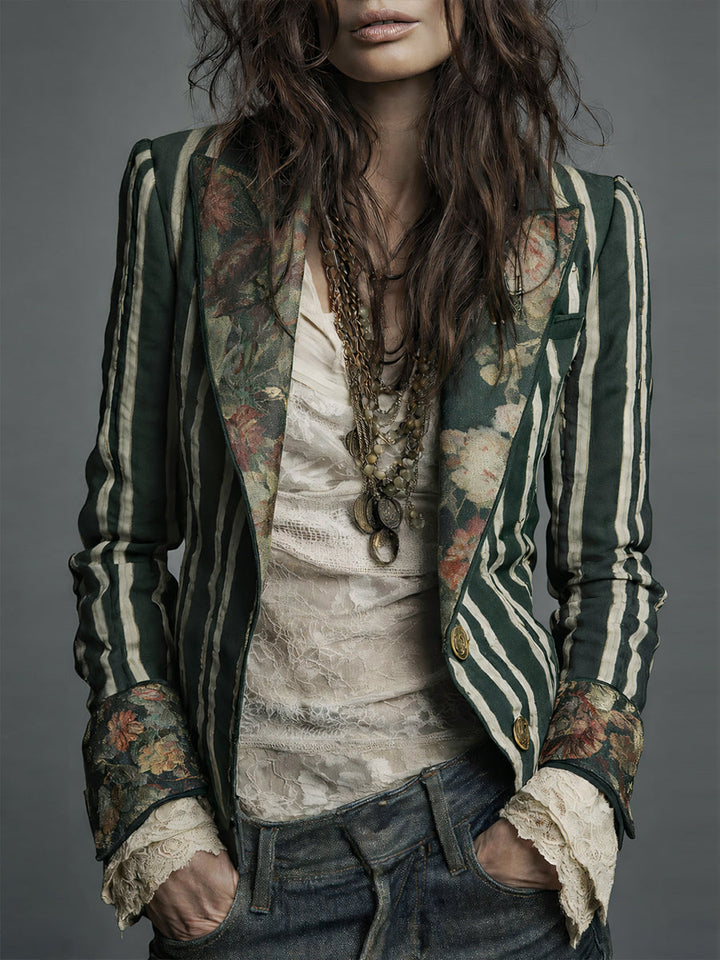 Women's Wool Blend Floral Blazer Autumn Boho Jacket