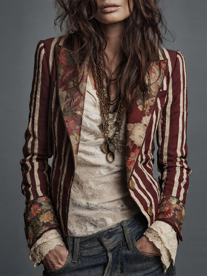 Women's Wool Blend Floral Blazer Autumn Boho Jacket