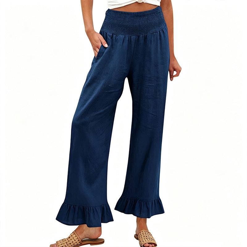 Women's Cotton Linen Wide Leg Pants Spring High Waisted Smocked Ruffle Hem Boho Trousers