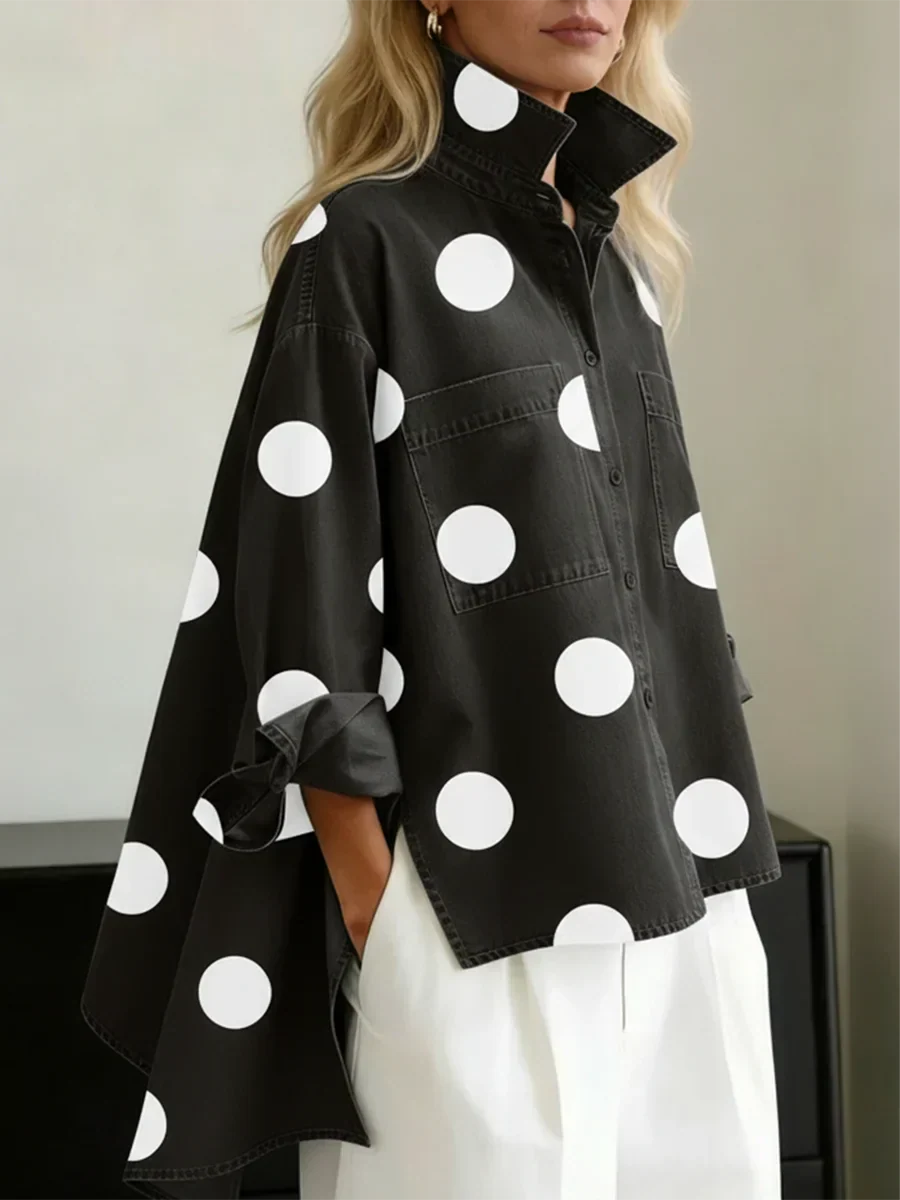 Women's Cotton Oversized Polka Dot Blouse Autumn Casual Top
