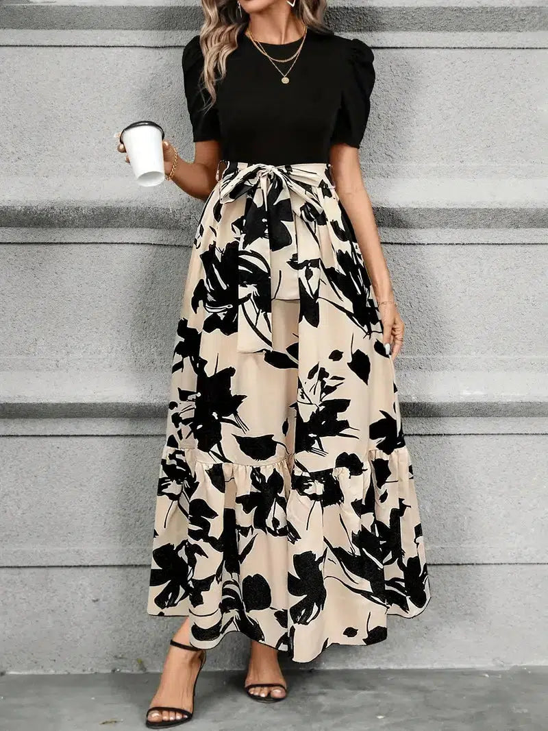 Women's Elegant Floral Maxi Dress with Tie Waist for Autumn Wedding Guests