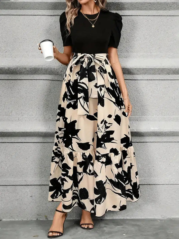 Women's Elegant Floral Maxi Dress with Tie Waist for Autumn Wedding Guests
