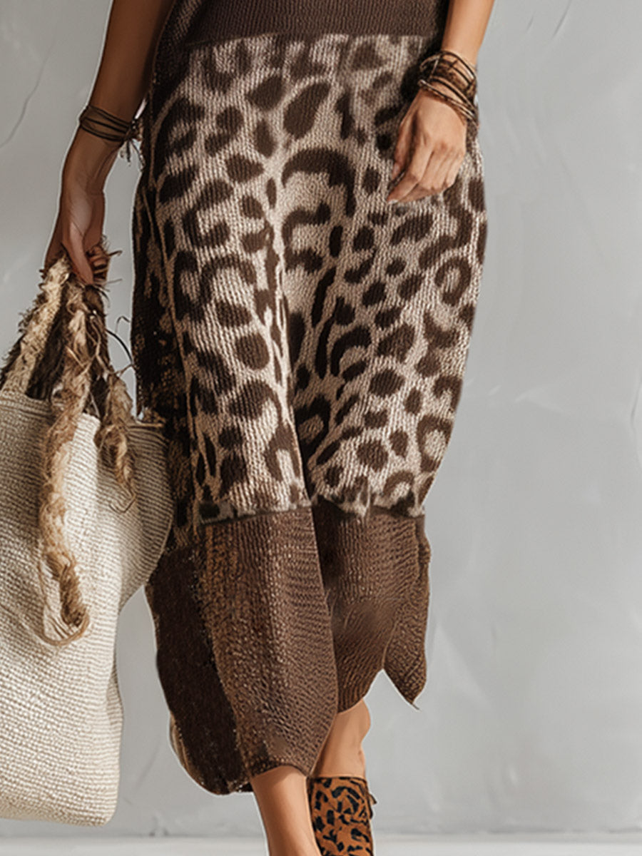 Women's Knit Sleeveless Leopard Print Maxi Dress Autumn Sweater Dress