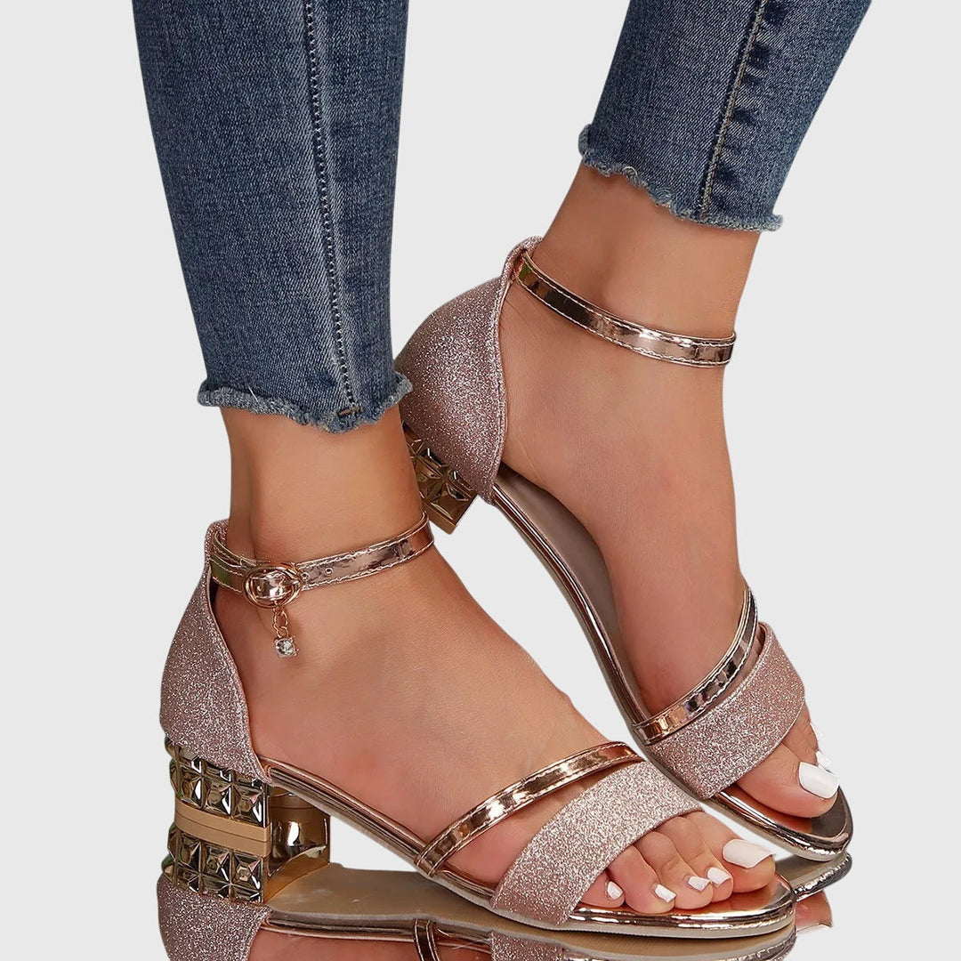 Women's Low Block Heel Sandals Spring Ankle Strap Open Toe Glitter Dress Sandals for Summer