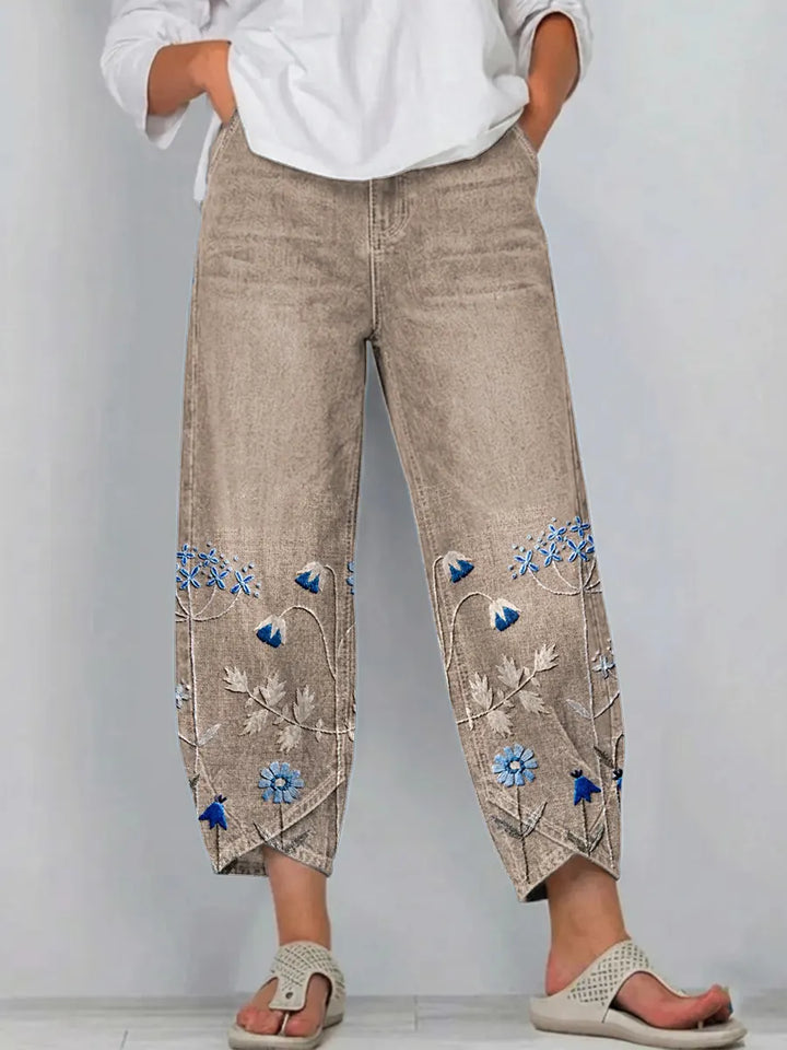 Women's Cotton Denim Pants Autumn Floral Embroidered Straight Jeans