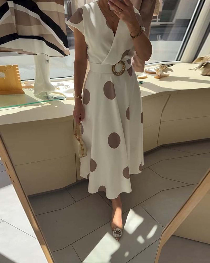 Women's Polka Dot V Neck Midi Dress Autumn Casual Dress