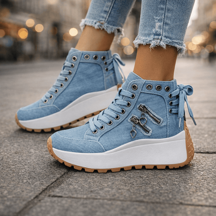 Women's Denim Platform Sneakers Autumn Zipper Chunky Sneakers