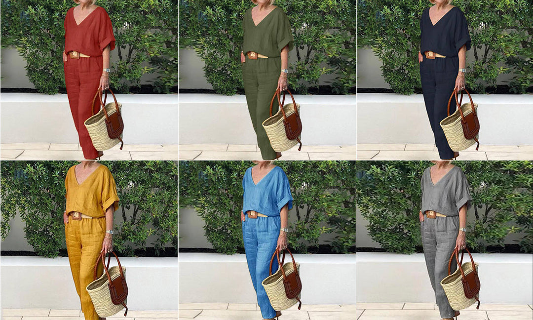Women's Two Piece Set Spring Linen Look V-Neck Top and Straight Leg Pants Casual Outfit