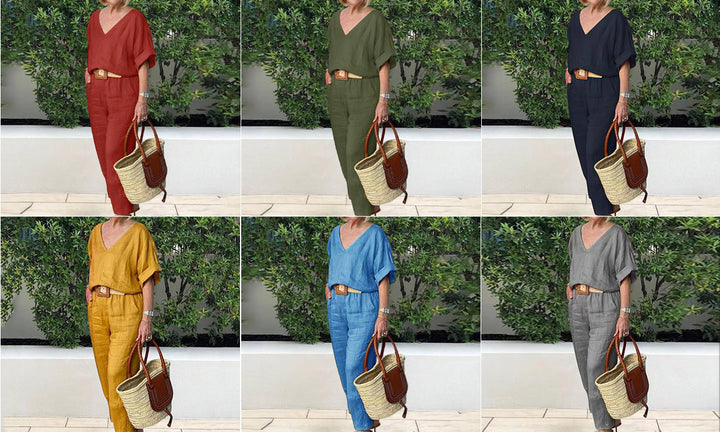 Women's Two Piece Set Spring Linen Look V-Neck Top and Straight Leg Pants Casual Outfit
