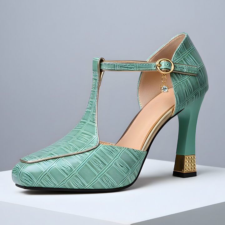 Women's Leather T-Strap Block Heels Autumn Party Shoes