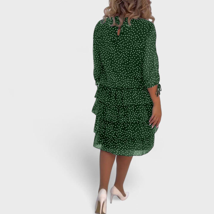 Women's Knit Polka Dot 3/4 Sleeve Midi Dress Autumn Casual Outfit