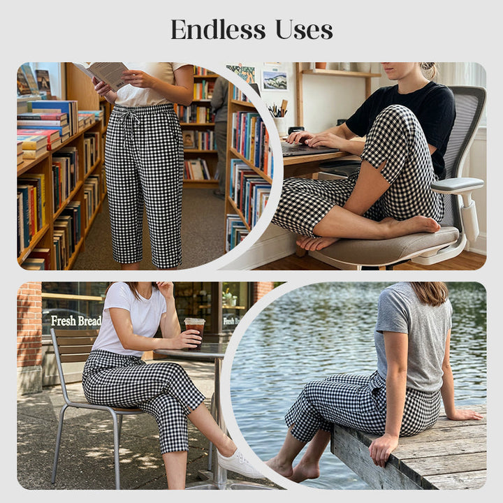 Women's Cotton Capri Pants Autumn Gingham Cropped Trousers