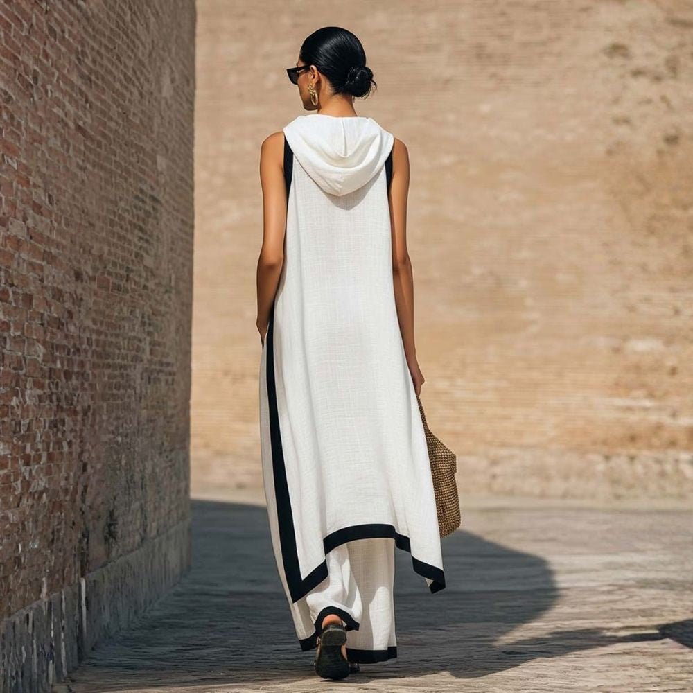Women's Cotton Linen Tunic Set Autumn Asymmetric Top & Wide-Leg Pants