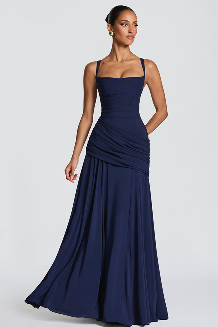 Maxi Dress for Women Fall Evening Dress with Square Neck Draped Waist and Crossed Back
