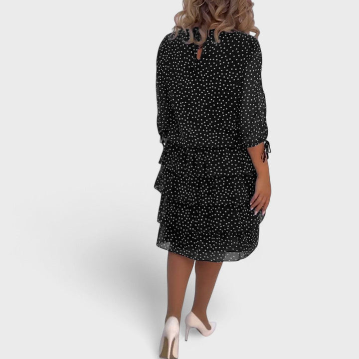 Women's Knit Polka Dot 3/4 Sleeve Midi Dress Autumn Casual Outfit