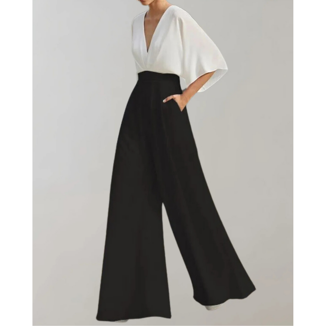 Women's Elegant Wide-Leg Jumpsuit with V-Neck and Loose Sleeves for Autumn