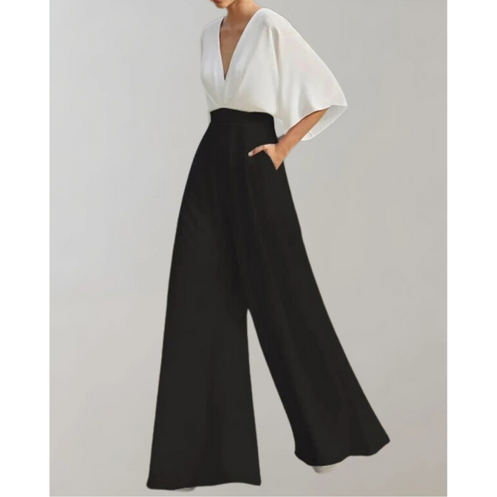 Women's Elegant Wide-Leg Jumpsuit with V-Neck and Loose Sleeves for Autumn