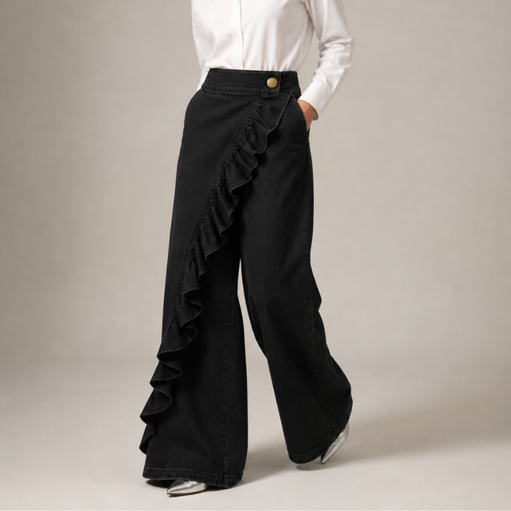 Women's Denim Ruffled Wide-Leg Jeans Autumn High-Waisted Trousers