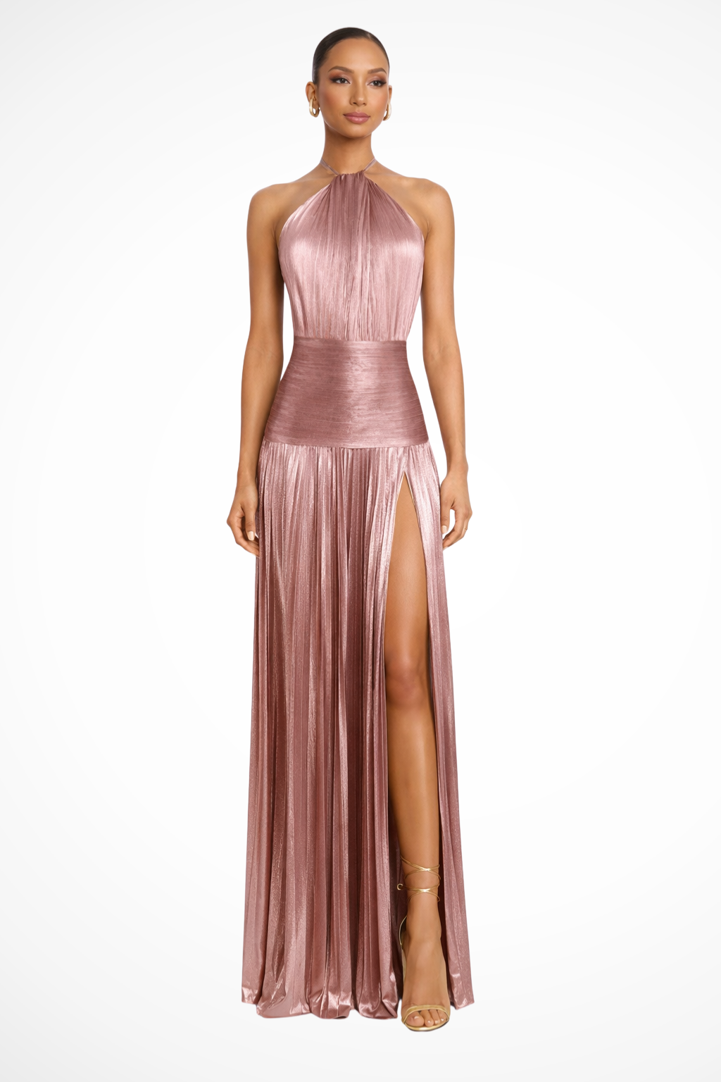 Women's Satin Pleated Maxi Dress with Halter Neck Formal Evening Autumn
