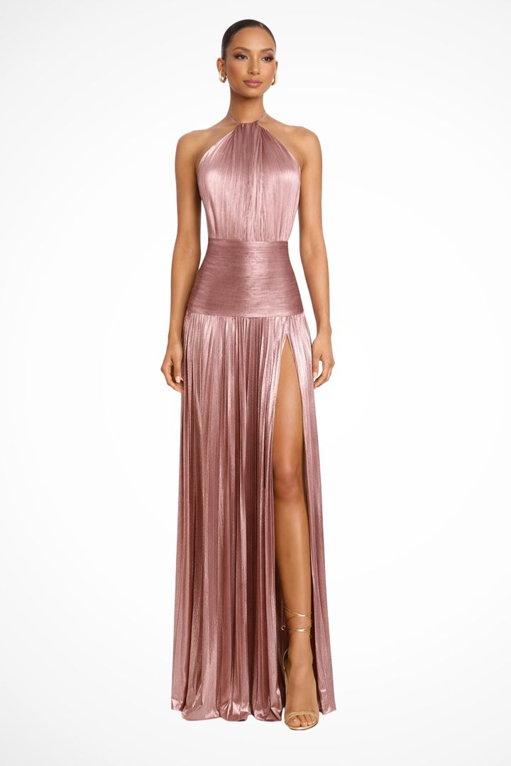 Women's Satin Pleated Maxi Dress with Halter Neck Formal Evening Autumn