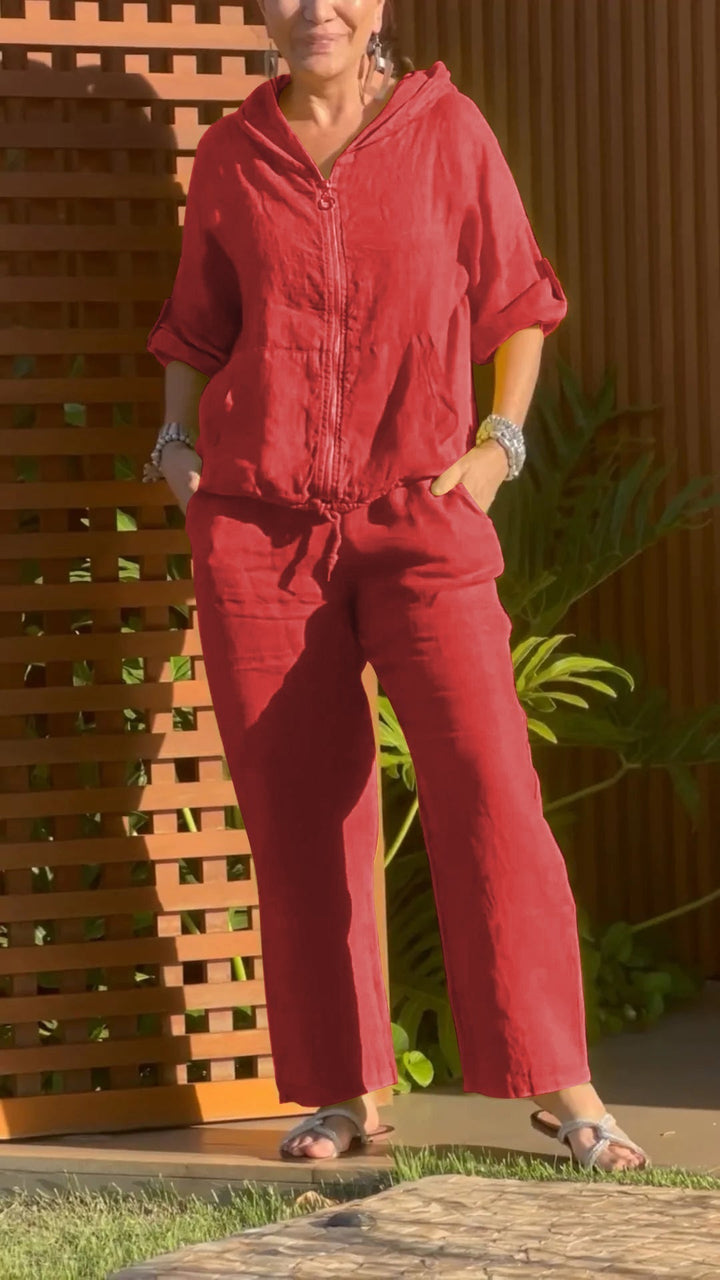 Women's Cotton Linen Two Piece Set Spring Hooded Zip Up Top and Pants Casual Summer Outfit