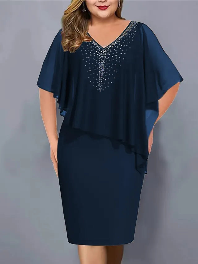 Women's Chiffon Cape Midi Dress Spring Rhinestone V Neck Bodycon Cocktail Party Dress