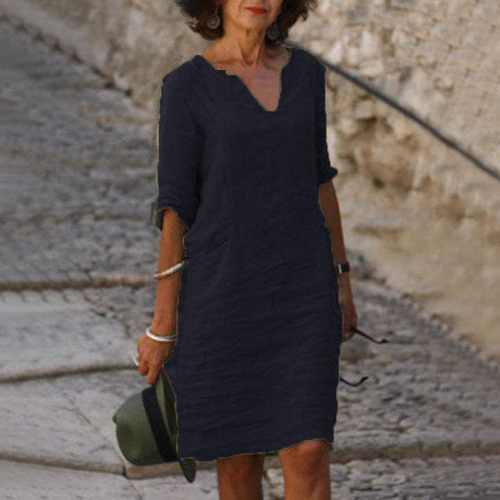 Women's Cotton Casual Midi Dress with V-Neck and 3/4 Sleeves for Autumn