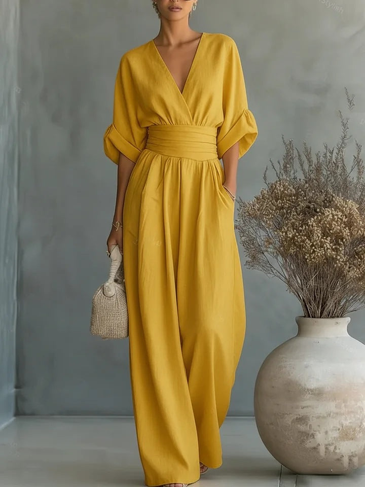 Women's Wide-Leg V-Neck Jumpsuit Autumn Formal Outfit