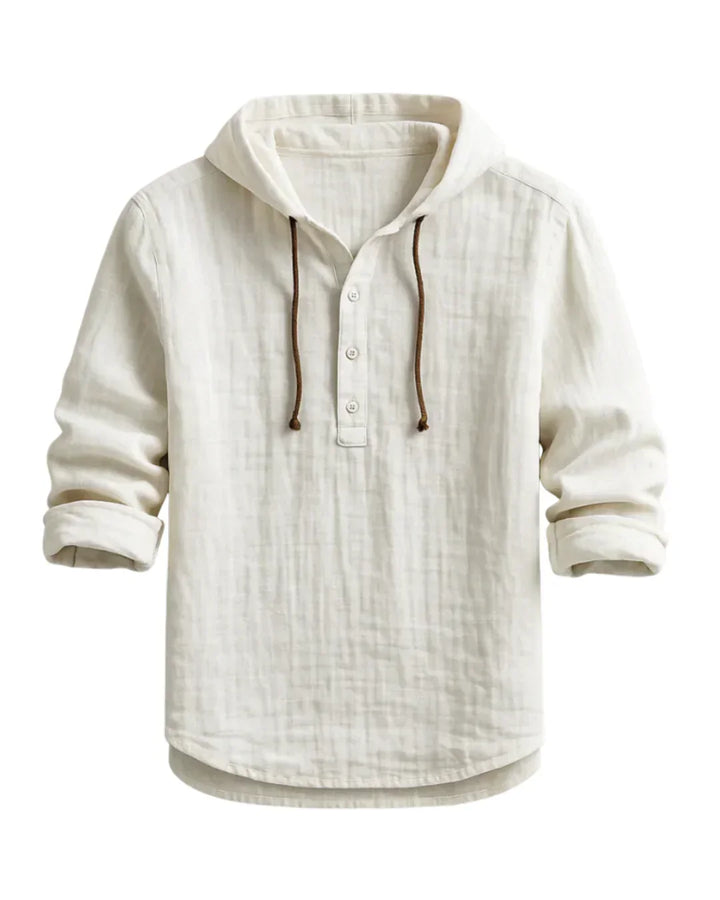 Men's Cotton Linen Hooded Shirt Spring Long Sleeve Henley Hoodie Shirt Casual Beach Top