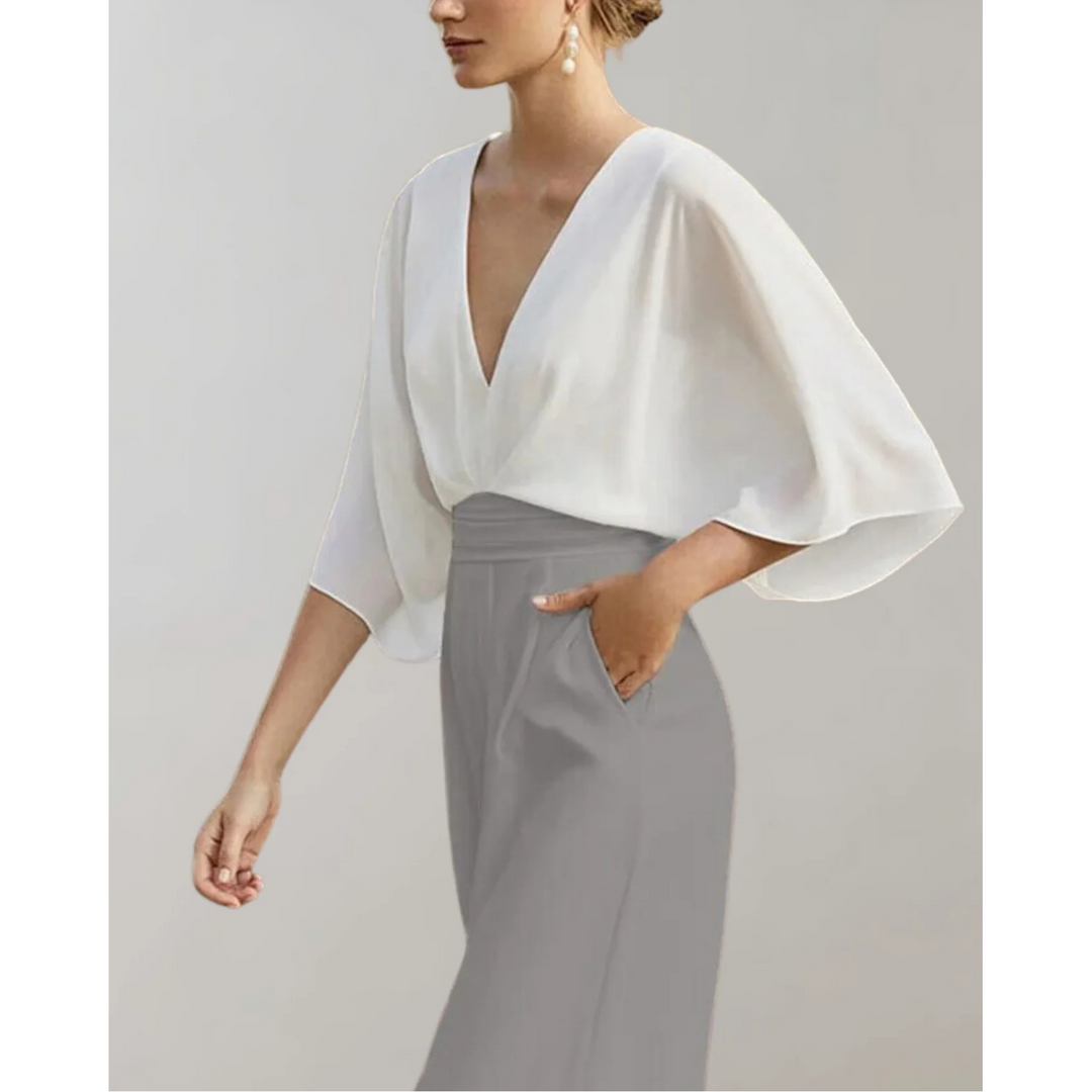 Women's Elegant Wide-Leg Jumpsuit with V-Neck and Loose Sleeves for Autumn